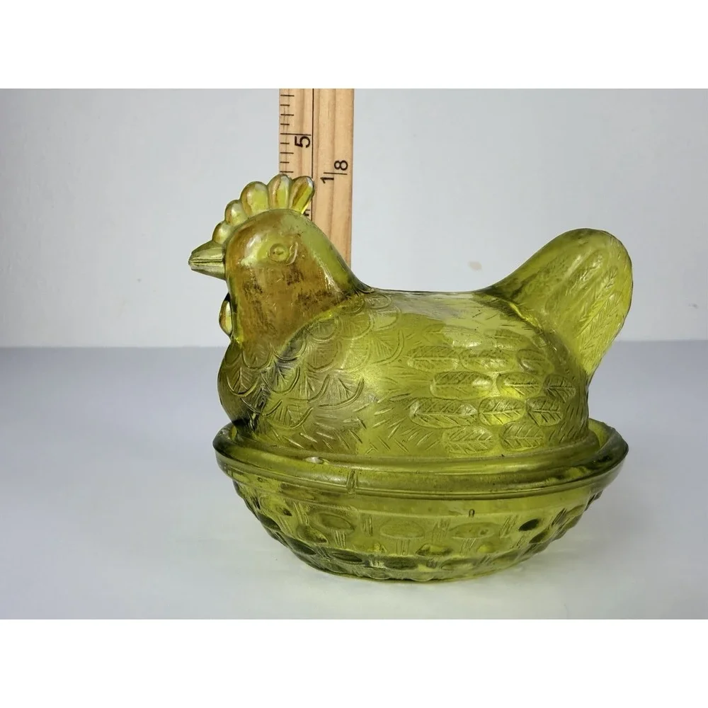 MCM Mini Olive Green Glass Hen On Nest Covered Dish Trinket Salt Cellar Cottage